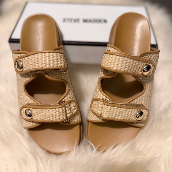 Steve Madden Shoes - Steve Madden Tan Woven Double-Strap Slide Mules- brand new